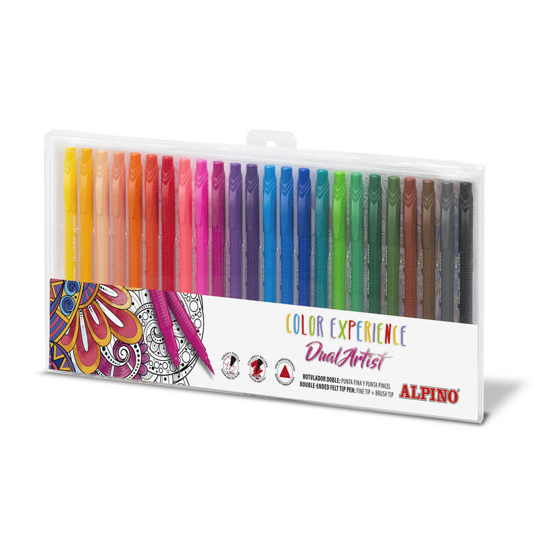 Alpino Color Experience Pack de 24 Rotuladores Doble Punta con Punta Pincel - Forma Triangular Ergonomica - Punta Fine Liner de 0.7mm y Punta Pincel de 2.9mm - Colores Surtidos