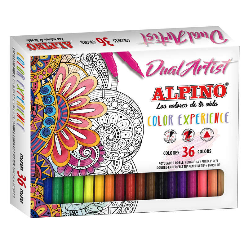 Alpino Dual Artist Color Experience Pack de 36 Rotuladores - Doble Punta (Fina de 0.7mm y Pincel de 2.9mm) - Forma Triangular Ergonomica - Colores Surtidos