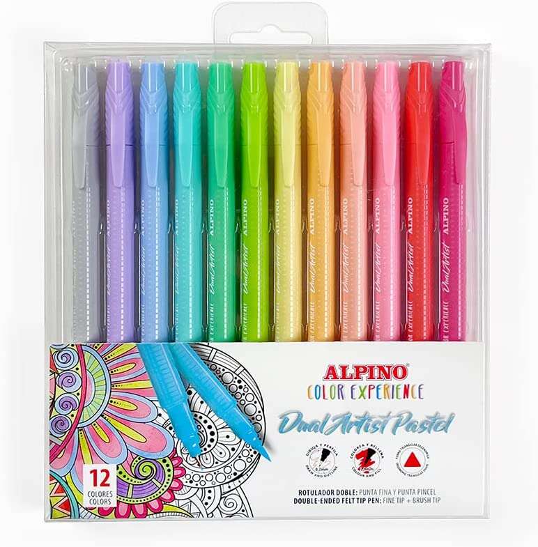 Alpino Color Experience Pack de 12 Rotuladores Pastel Doble Punta - Forma Triangular Ergonomica - Puntas Fine Liner de 0.7mm y Pincel de 2.9mm - Colores Surtidos