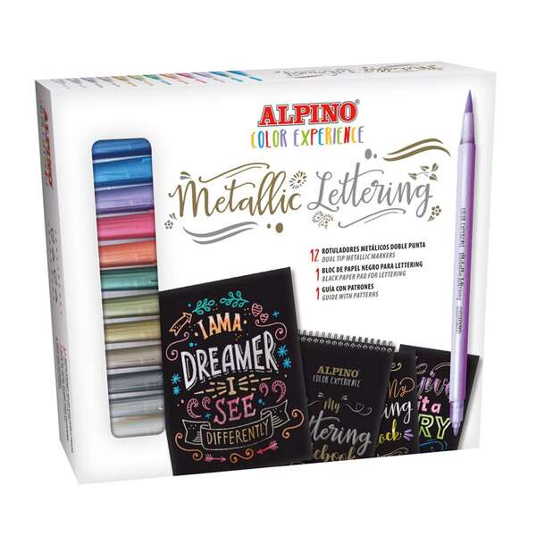 Alpino Color Experience Kit de Iniciacion al Lettering con 12 Rotuladores Metalicos de Doble Punta, Punta Fina y Punta Pincel + 1 Bloc de Papel Negro Especial Lettering + 1 Guia con 20 Patrones - Colores Surtidos