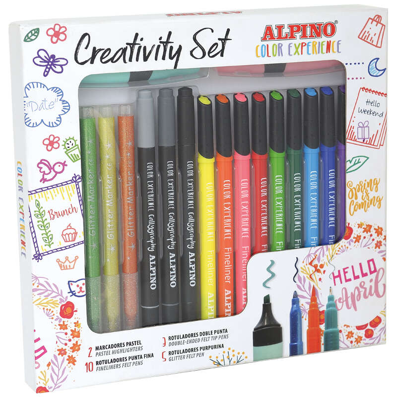 Alpino Color Experience Kit Creativo de 10 Fineliners - 5 Rotuladores Glitter Markers - 3 Rotuladores Especiales para Caligrafia - 2 Marcadores Pastel - Colores Surtidos