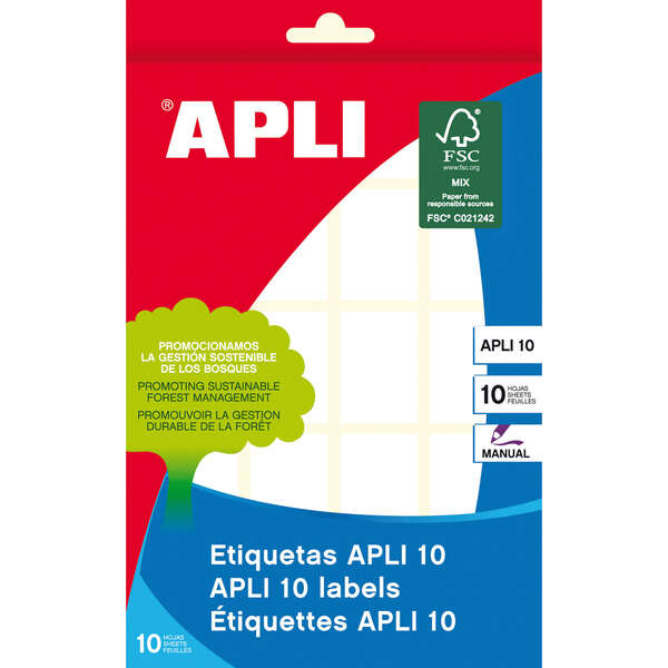 Apli Pack con 200 Etiquetas Rectangulares - Medidas 22x32mm - 10 Hojas por 20 Etiquetas - Adhesivo Permanente - Cantos Romos - Color Blanco