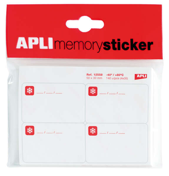 Apli Memory Sticker Pack de 140 Etiquetas Especial para Congelar 50x30mm - 35 Hojas x 4 Etiquetas - Cantos Romos - Adhesivo Removible Resistente hasta -40º - Color Blanco