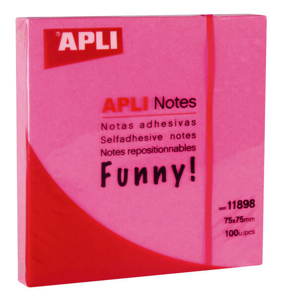 Apli Funny Bloc de 100 Notas Adhesivas 75x75mm - Adhesivo de Calidad - Facil de Despegar - Color Rosa Fluor