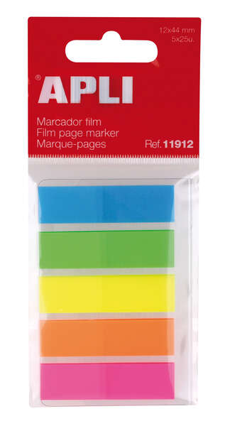Apli Indices Adhesivos Film 45x12mm 5 Colores Fluorescentes - 25 Indices por Color - Facil de Pegar y Despegar - Ideal para Marc