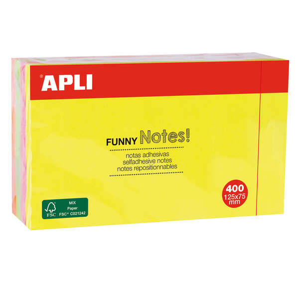 Apli Funny Bloc de 400 Notas Adhesivas Reposicionables 125x75mm - 4 Colores Surtidos (100 Hojas por Color) - Colores Fluor