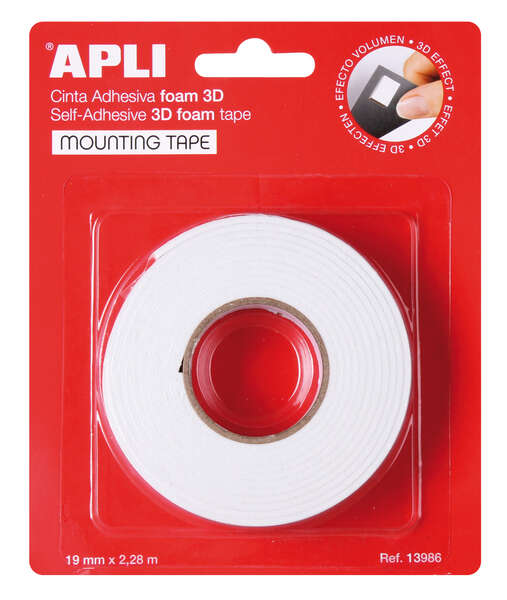 Apli Cinta Adhesiva Doble Cara Foam 3D 19mm x 2.28m - Adhesion Fuerte y Duradera - Ideal para Manualidades y Decoracion - Color