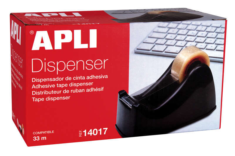 Apli Office Porta Cinta para Rollos de 33mm - Cuchilla Metalica Dentada - Facil de Usar - Resistente y Duradero - Color Negro