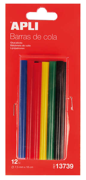 Apli Pack de 12 Barras Termofusibles de Colores Surtidos Ø7.5mmx10cm - Adhesion Instantanea en Multiples Superficies - No Gotea - Compatible con Pistolas de Ø7.5mm