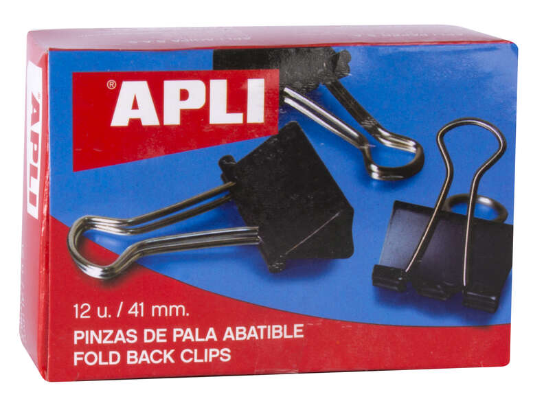 Apli Caja de 12 Pinzas Abatibles 20x41mm - Sujecion hasta 170 Hojas - Clips de Acero Templado en Negro - Asas en Niquel