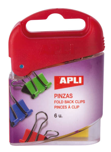 Apli Pack de 6 Pinzas Abatibles 19mm - Acero Templado - Asas Niqueladas - Sujecion hasta 50 Hojas - Colores Surtidos