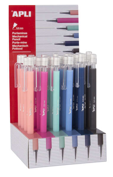 Apli Expositor Portaminas Soft Nordik 0.5mm - Colores Salmon, Rosa, Turquesa, Azul, Azul Marino y Negro - Capuchon con Tapon Transparente y Goma de Borrar - Colores Surtidos