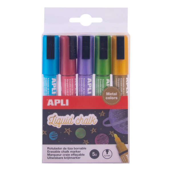 Apli Pack de 5 Rotuladores de Tiza Liquida Metalizados - Punta Redonda de 5.5mm - Facil de Borrar - Secado Rapido - Base Agua Libre de Toxicos - Colores Surtidos