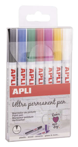 Apli Rotuladores Tinta Permanente Punta Fina - 1-2mm - Pack 7 Colores - Base Aceite - Larga Duracion - Resistente Al Agua - Soporta Hasta 60°C - Multisuperficies