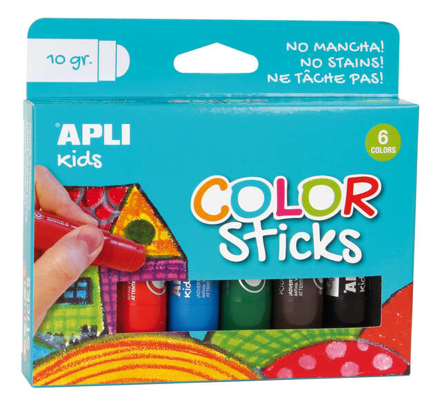 Apli Color Sticks Temperas Solidas - Pack de 6 Unidades de 10g - Acabado Satinado sin Necesidad de Barniz - Secado Rapido en Menos de 3 Minutos - Efecto Cera o Tempera Segun la Presion Ejercida