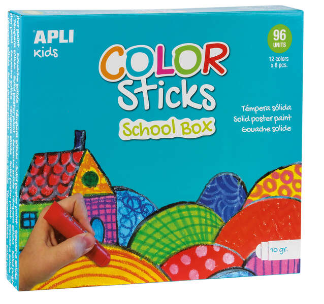 Apli Color Sticks Temperas Solidas - Caja de 96 Unidades de 10g - Colores Surtidos Ideales para Escuelas y Colectivos - Acabado Satinado y Secado Rapido en Menos de 3 Minutos - Flexible y sin Disolventes