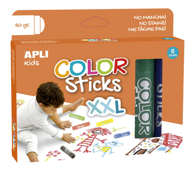 Apli Color Sticks xxl Temperas Solidas - Pack 6 Unidades de 40g - Tamaño xxl para Murales - Acabado Satinado sin Necesidad de Barniz - Secado Rapido en Menos de 3 Minutos - Efecto Cera o Tempera Segun la Presion