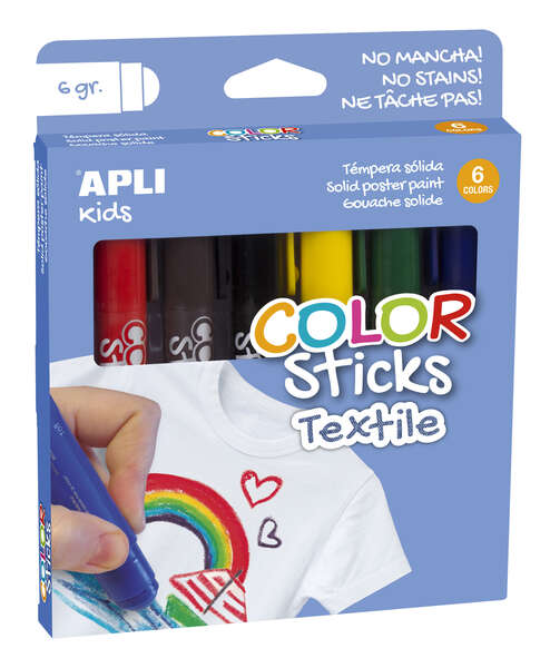 Apli Color Sticks Textil Pack de 6 Temperas Solidas 6gr para Uso en Textil - Secado al Aire en 12 Horas - Sin Disolventes - Para Niños a partir de 3 años - Colores Surtidos