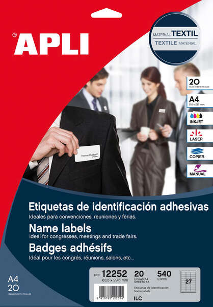 Apli Etiquetas Textiles de Identificacion Adhesivas con Cantos Romos - Tamaño 63.5 x 29.6mm - Adhesivo Removible - Pack de 20 Hojas con 540 Etiquetas - Compatible con Impresoras Inkjet, Laser O Fotocopiadoras