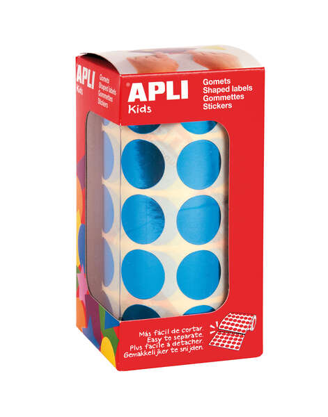 Apli Gomets Redondos Azul Metalizado Ø 20mm - 59 Hojas Pretroqueladas - 1770 Gomets por Rollo - Ideal para Escuelas y Talleres Infantiles - Cumple Normas EN-71 y FSC