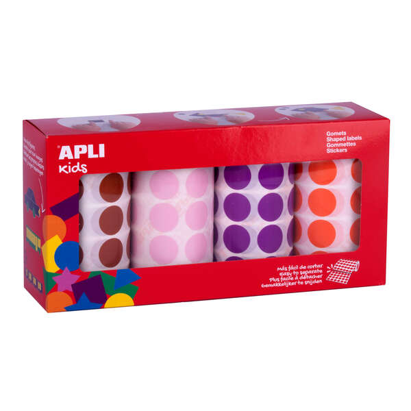 Apli Pack de 4 Rollos de Gomets Redondos Ø 20mm - 1770 Gomets por Rollo - Adhesivo Permanente - 7080 Gomets en Total - Ideales para Escuelas Infantiles - Colores Marron, Rosa, Lila y Naranja