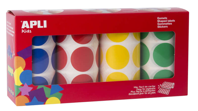 Apli Gomets Redondos Ø 33mm - Pack de 4 Rollos con 2832 Gomets - Adhesivo Permanente - Ideal para Desarrollar Habilidades en Guarderias