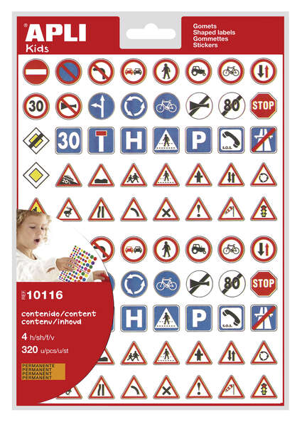 Apli Bolsa de Gomets Tematicos Las Señales de Trafico - 320 Gomets - Adhesivo Permanente - Desarrollados con Educadores - Ideales para Educacion Vial - Normas EN-71 Cumplidas