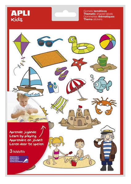 Apli Bolsa de Gomets Tematicos la Playa - 66 Gomets en 3 Hojas - Ilustraciones de Animales y Objetos de la Playa - Adhesivo Removible - Adhesivo Base Agua - Libre de Disolventes - Papeles ECF - Colorido