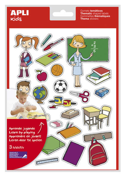 Apli Bolsa de Gomets Tematicos la Escuela - 78 Gomets en 3 Hojas - Adhesivo Removible - Ilustraciones Educativas - Adhesivo Base Agua - Libre de Disolventes - Colorido