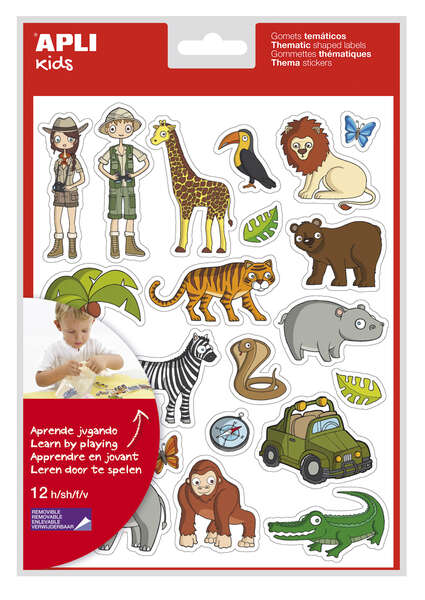 Apli Bolsa de Gomets Tematicos la Selva - 252 Gomets en 12 Hojas - Adhesivo Removible - Ideal para Escuelas - Cumple Normas EN-71 y FSC - Libre de Disolventes - Reciclable - Divertidas Ilustraciones - Colorido