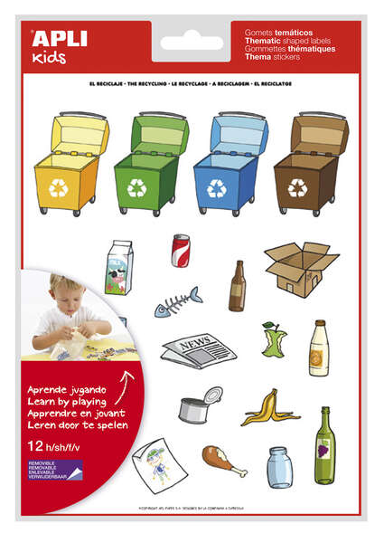 Apli Pack de 276 Gomets con Tematica El Reciclaje - Adhesivo Removible - Ilustraciones Divertidas - Ideal para Escuelas - 100% Reciclables