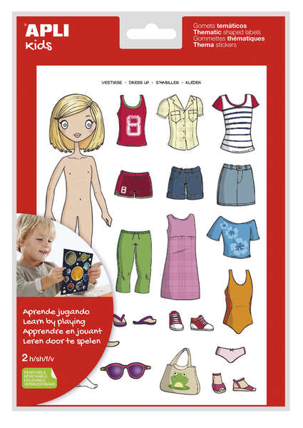 Apli Bolsa de Gomets Tematicos Vestirse Niña - 37 Gomets - Adhesivo Removible - Desarrollados con Educadores - Normas EN-71 y FSC - Adhesivo Base Agua - Libre de Disolventes - ECF - 100% Reciclables - Color Variado