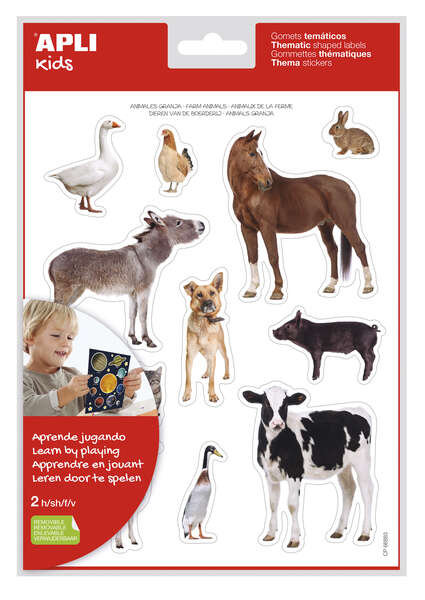 Apli Bolsa de Gomets Tematicos Realistas Animales de la Granja - 24 Gomets - Adhesivo Removible - Desarrollo de Habilidades Motoras - Normas de Calidad y Seguridad Cumplidas - Coloridos