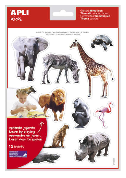 Apli Gomets Tematicos Realistas Animales Sabana - 144 Gomets - Adhesivo Removible - Ideal para Desarrollar Habilidades Motoras - Adhesivo Base Agua - Libre de Disolventes - Coloridos
