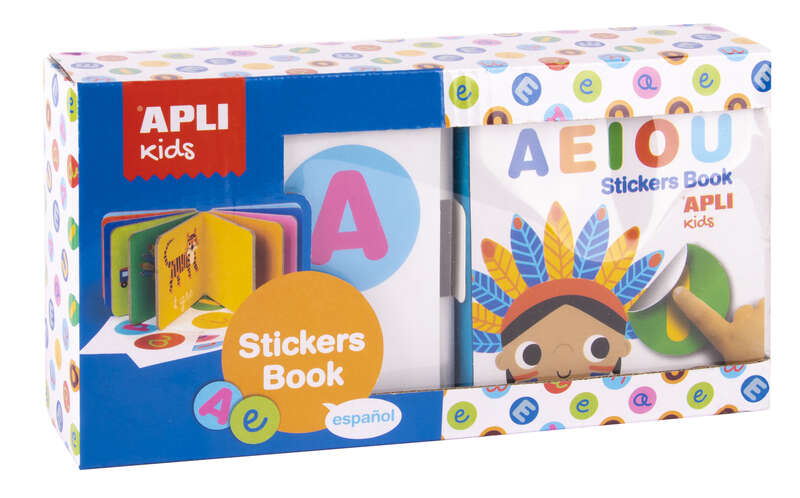 Apli Libro de Pegatinas Vocales Educativo - Tamaño 100x100x40 - 10 Paginas de Carton Rigido de 3mm - 5 Hojas de Gomets Removibles - Diseño Infantil con Ilustraciones Coloridas y Divertidas - Colorido