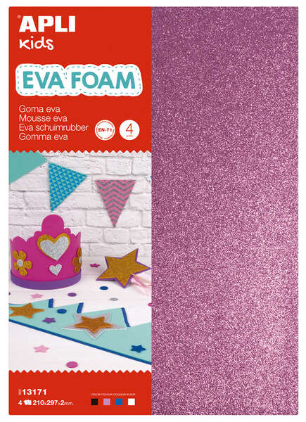 Apli Goma Eva Purpurina A4 4 Hojas - Blanco, Negro, Rojo y Azul - Ideal para Manualidades y Decoracion