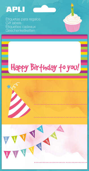 Apli Etiquetas Adhesivas Happy Birthday - Tamaño 76x39mm - 9 Etiquetas en 3 Hojas - Adhesivo Permanente de Alta Calidad - Ideal para Marcar e Identificar Regalos - Diseño Alegre y Colorido