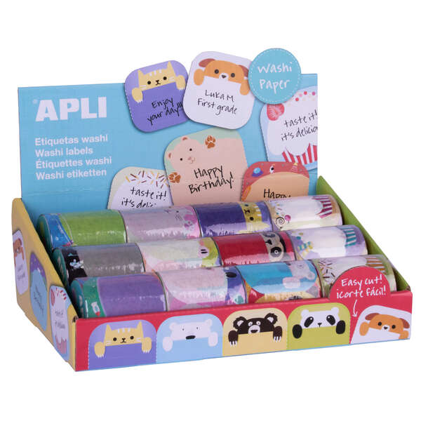 Apli Rollo de Etiquetas Washitape - 36 Etiquetas por Rollo - Faciles de Pegar y Despegar - 4 Modelos Disponibles con 6 Diseños Diferentes por Modelo