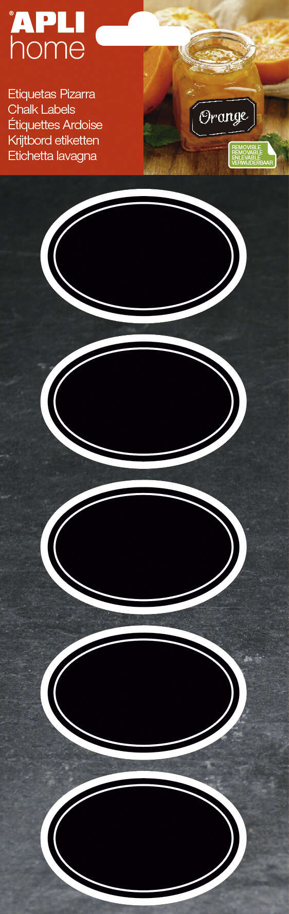 Apli Etiquetas Pizarra Ovaladas 65x41mm - Adhesivo Removible - 2 Hojas (10 Etiquetas) - Escritura con Tiza Liquida o Convencional - Borrado Facil - Ideal para Tarros, Macetas, Regalos - Color Negro