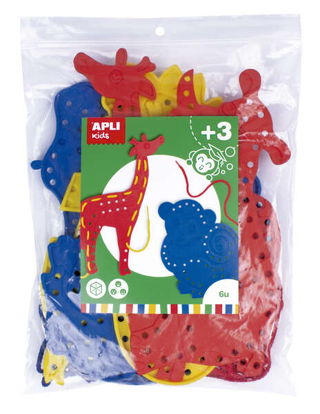 Apli Juego de Cosedores Animales - Formato Maxi - 6 Animales de Plastico con Agujeros - 18 Cuerdas de Colores - Desarrolla Psicomotricidad Fina y Coordinacion Mano-Ojo - Favorece Imaginacion y Creatividad - Color Surtido