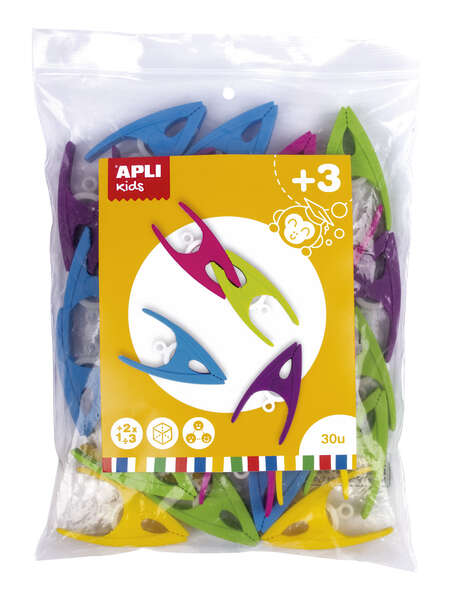 Apli Pinzas de Plastico para Niños - Tamaño 60x33x15 - Colores Surtidos: Amarillo, Fucsia, Lila, Verde y Azul - Alto Valor Didactico - Formato Maxi