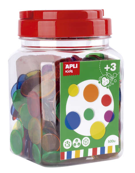 Apli Kit de 500 Piezas Redondas de Plastico Transparente - 25mm y 18mm - Ideal para Mesas de Luz y Practicas de Secuencias y Clasificaciones - Formato Maxi en Bote con Tapa - Colores Surtidos