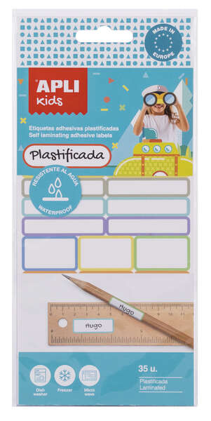 Apli Kids Pack de 35 Etiquetas Plastificadas Surtidas - Tres Tamaños: 46.5x10mm (14), 30.5x19mm (3), 30.6x11mm (18) - Alta Calidad y Durabilidad - Film Protector para Mayor Resistencia - Color Blanco