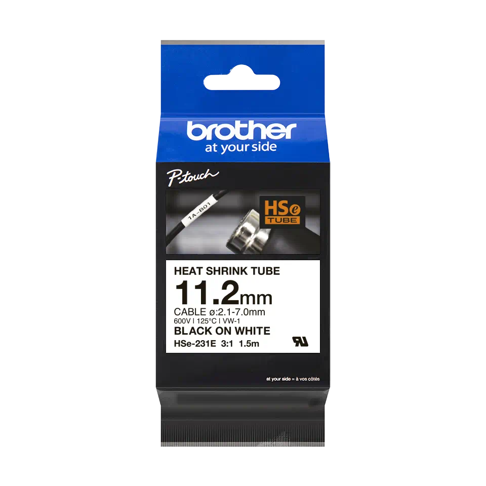 Brother HSe231E Cinta Tubo Termorretractil Original de Etiquetas para Cables - Texto negro sobre fondo blanco - Ancho 11.2mm x 1.5 metros - Cable recomendado Ø 2.1mm a 7.0mm