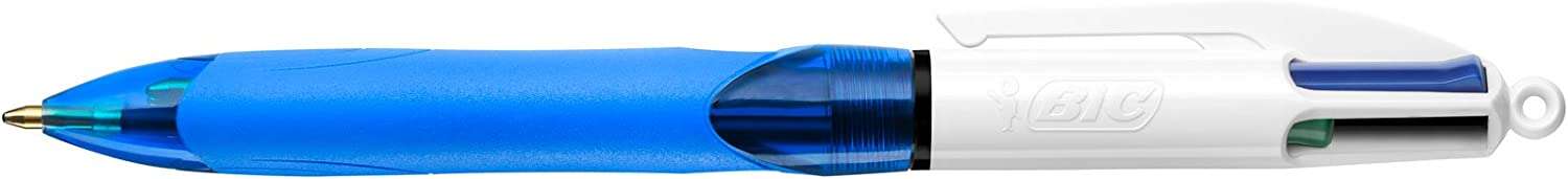 Bic 4 Colours Grip Boligrafo de Bola Retractil con Grip - Punta Media de 1mm - Trazo de 0.4mm - Tinta con Base de Aceite - Cuerpo Blanco/Azul Transparente - 4 Colores