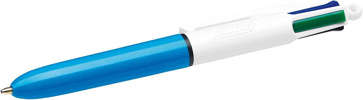 Bic 4 Colours Mini Boligrafo de Bola Retractil - Punta Media de 1mm - Trazo de 0.4mm - Tinta con Base de Aceite - Cuerpo Blanco/Azul - 4 Colores