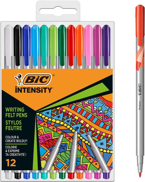 Bic Intensity Medium Pack de 12 Rotuladores - Punta Media de 0.8mm - Tinta con Base de Agua - Colores Surtidos