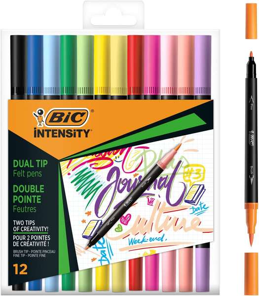 Bic Intensity Dual Tip Pack de 12 Rotuladores Doble Punta - Punta de Pincel + Punta Fina - Tinta con Base de Agua - Colores Clasicos y Pastel Surtidos