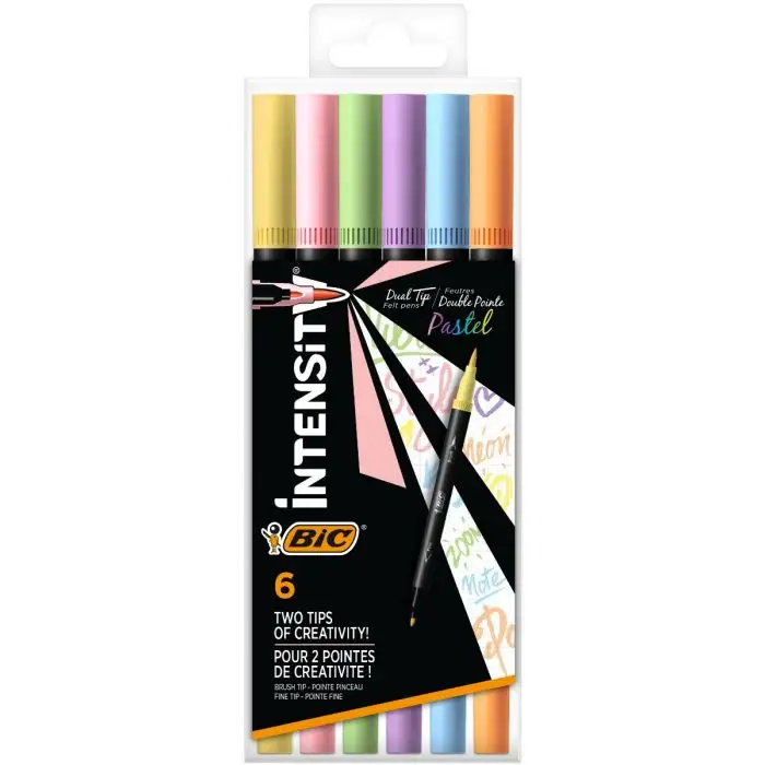 Bic Intensity Dual Tip Pastel Pack de 6 Rotuladores Doble Punta - Punta de Pincel + Punta Fina - Tinta con Base de Agua - Colores Pastel Surtidos