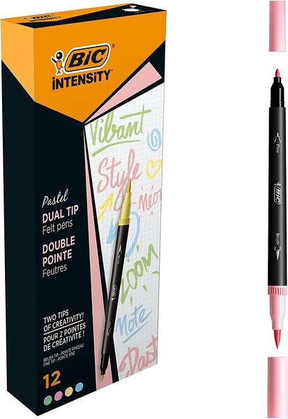 Bic Intensity Dual Tip Pastel Rotulador Doble Punta - Punta de Pincel + Punta Fina - Tinta con Base de Agua - Colores Pastel Surtidos